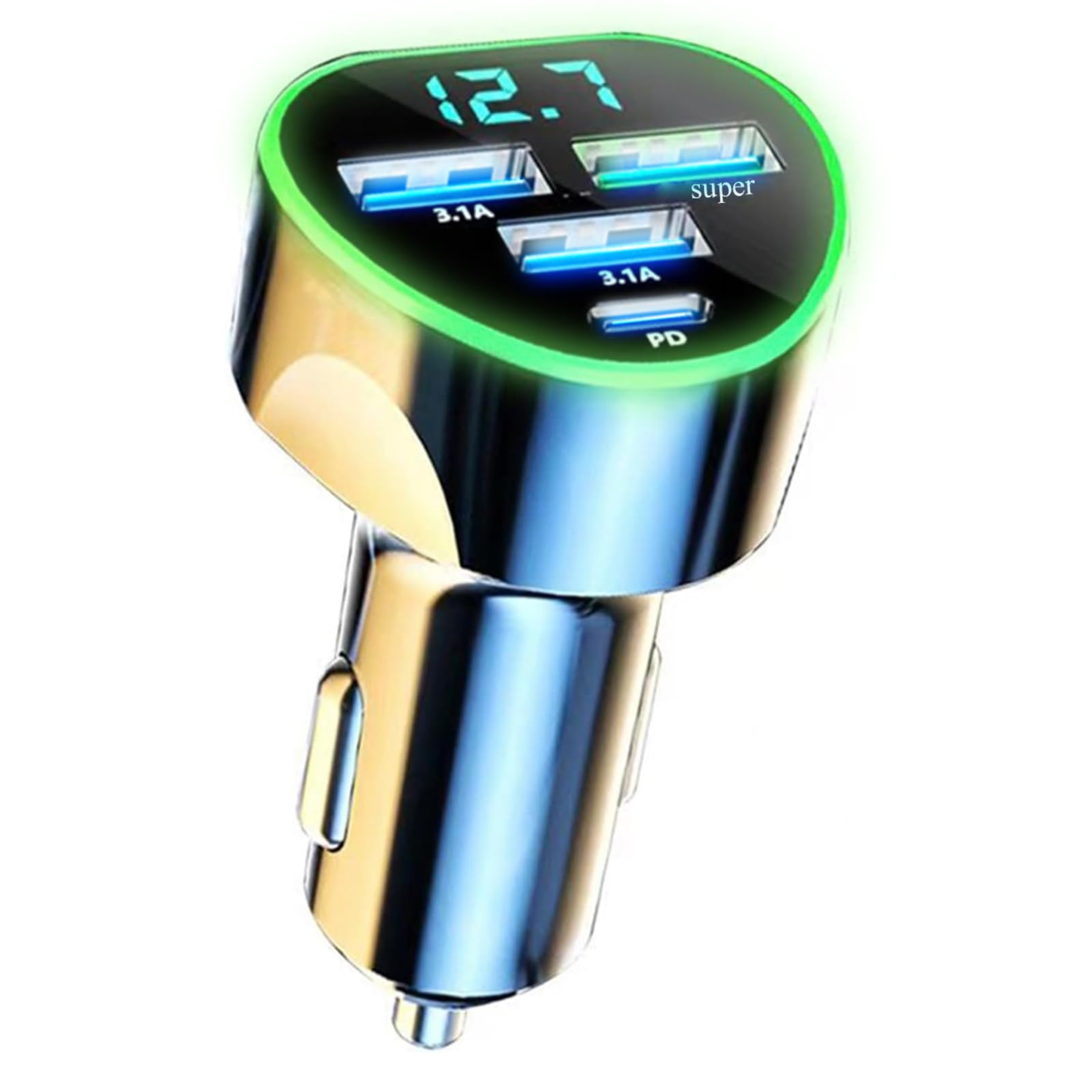 Multi Port USB C Car Phone Charger Adapter 4 in 1 with Voltage Display Super Fast Cigarette Lighter USB Charge with Volt Meter for iPhone 16/15/14/13/12 Galaxy Android Phones