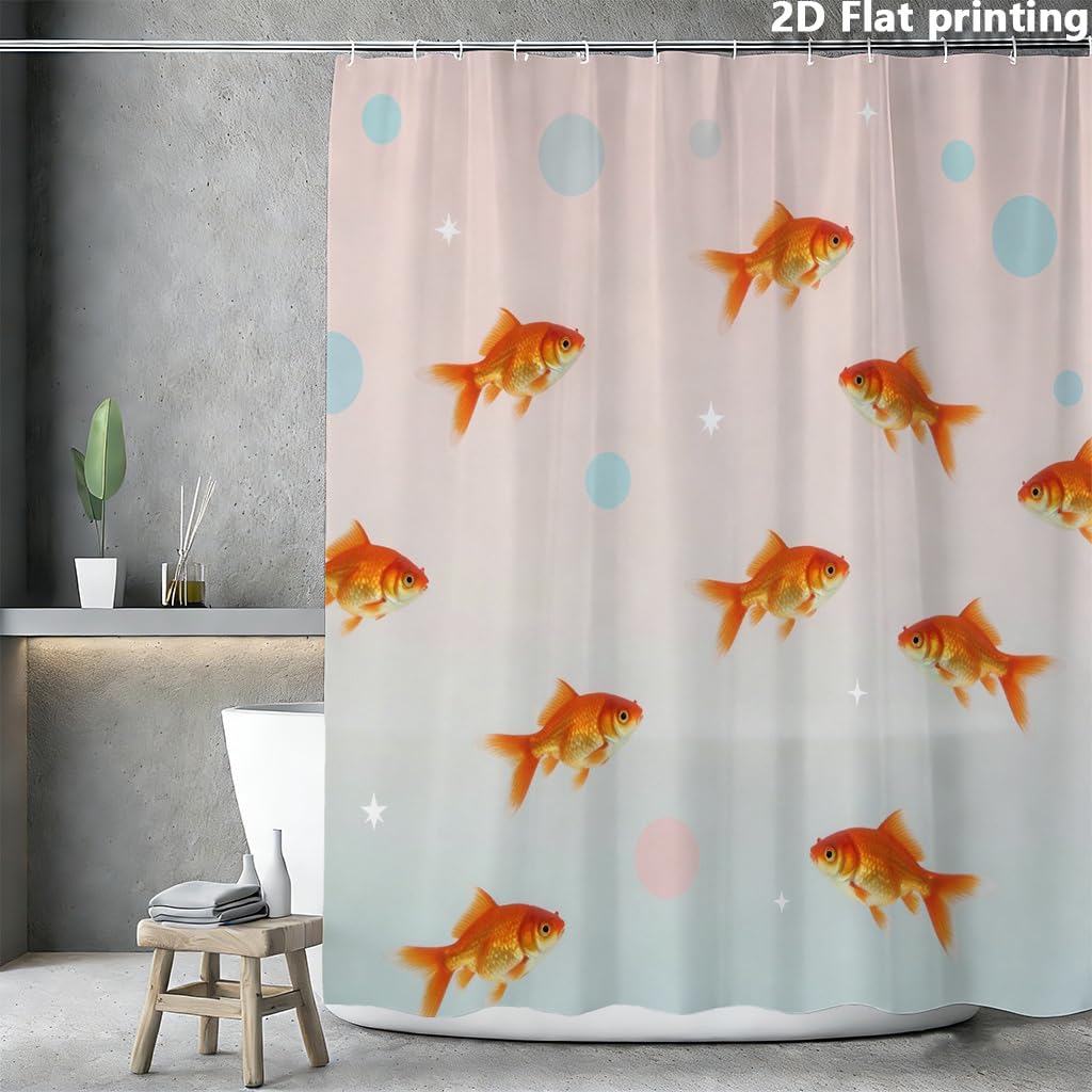 Drukowana zasłona prysznicowa ze wzorem złotej rybki na pastelowym tle z bąbelkami i gwiazdami, do wanny, dekoracji łazienki (280 x 200 cm (szer. x wys.)