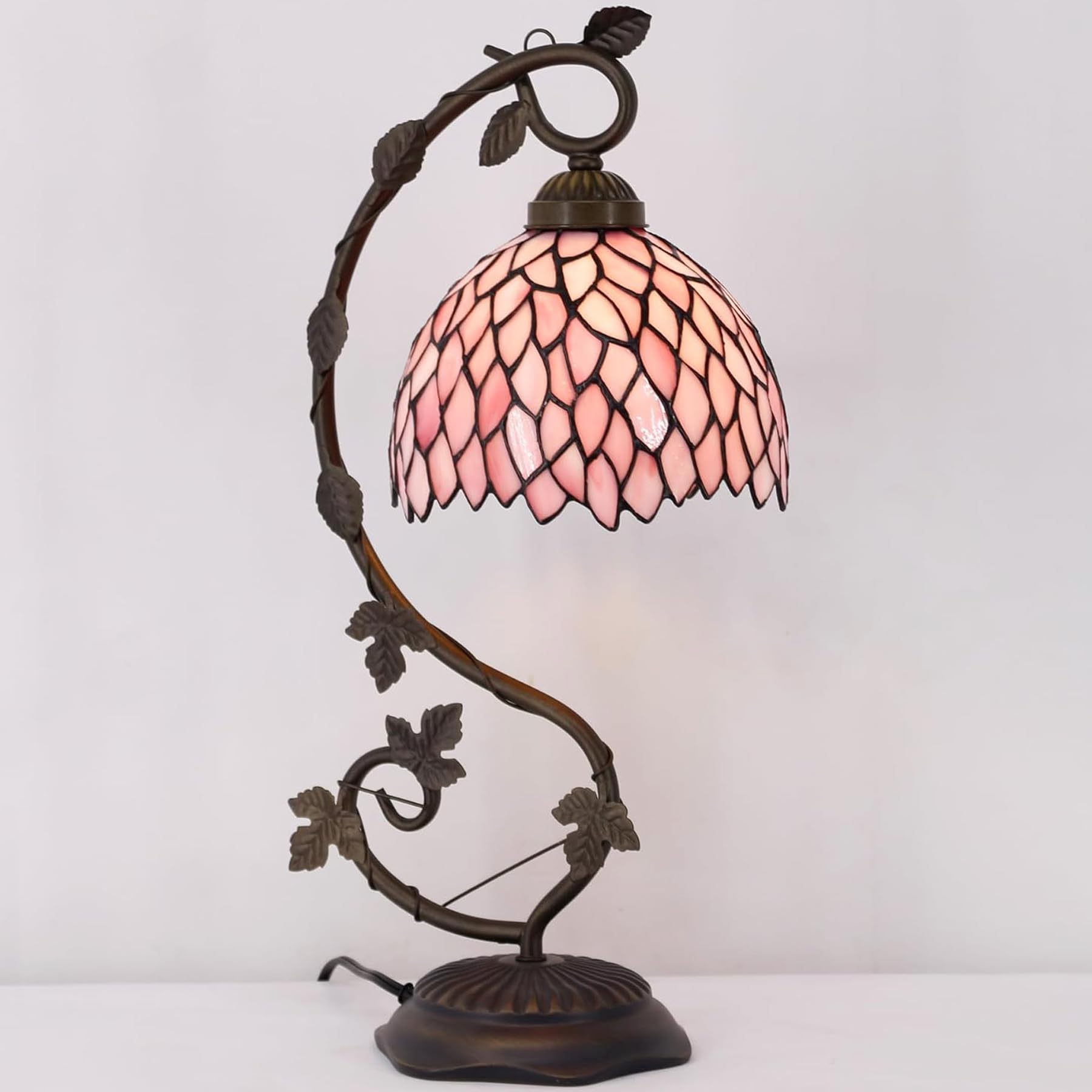 WERFACTORY Tiffany Lamp Pink Wisteria Stained Glass Table Lamp Desk Reading Light, Metal Leaf Table Lamp Base 8X10X21 Inches Decor Small Space Bedside Bedroom Home Office S523P Series