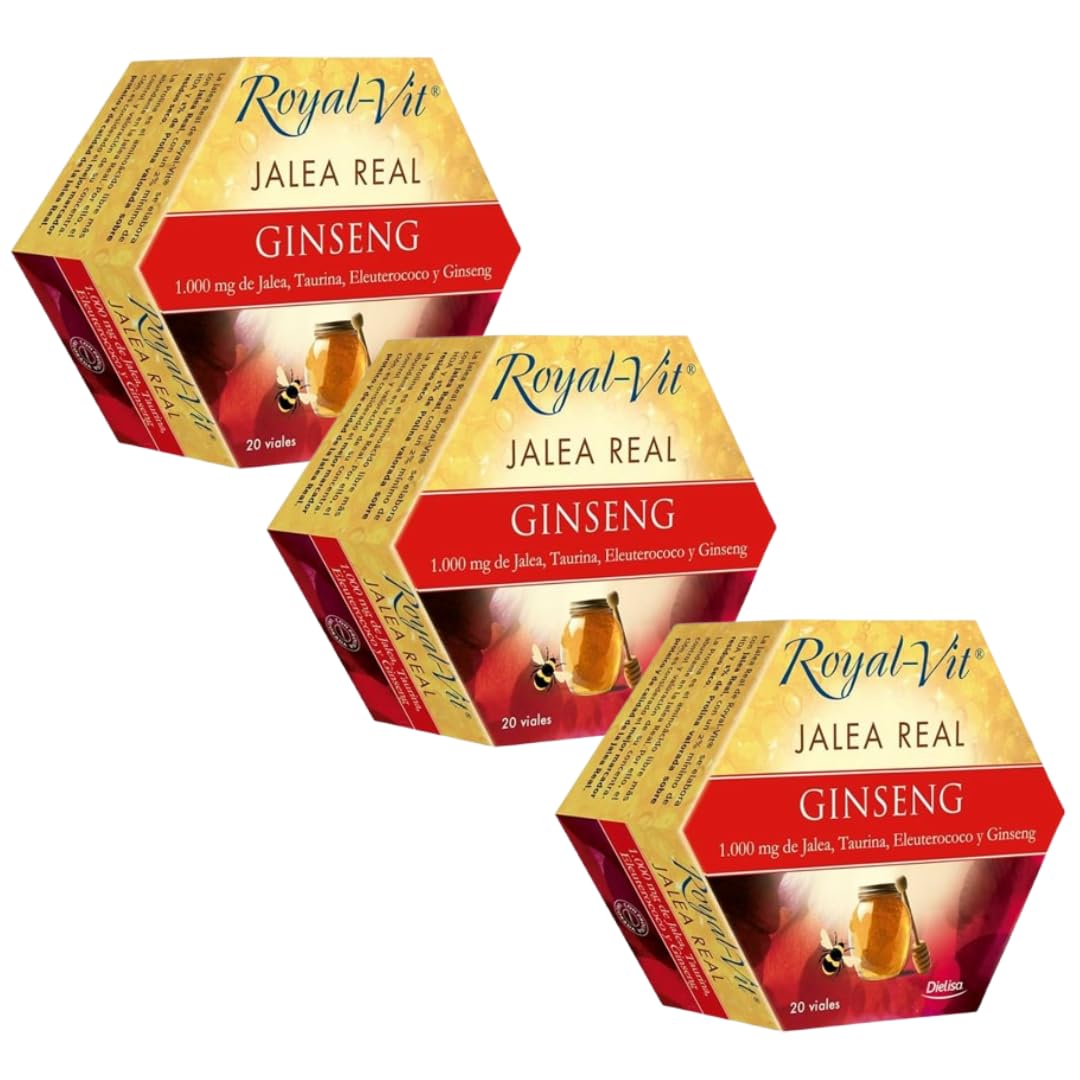 Royal-Vit Jalea Real Ginseng - Pack Ahorro 3 x 20 Viales de 10ml - Complemento Alimenticio con 1000 mg de Jalea Real, Eleutorococo y Taurina - Ayuda al Rendimiento Físico e Intelectual