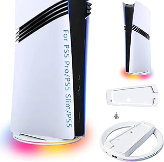 Soporte Vertical para PS5 Pro/PS5/PS5 Slim, Soporte Base PS5 Slim con luz RGB, Soporte Vertical con con Tornillo & Alfombrilla de Silicona Antideslizante para PS5 Disco & Digital Edición