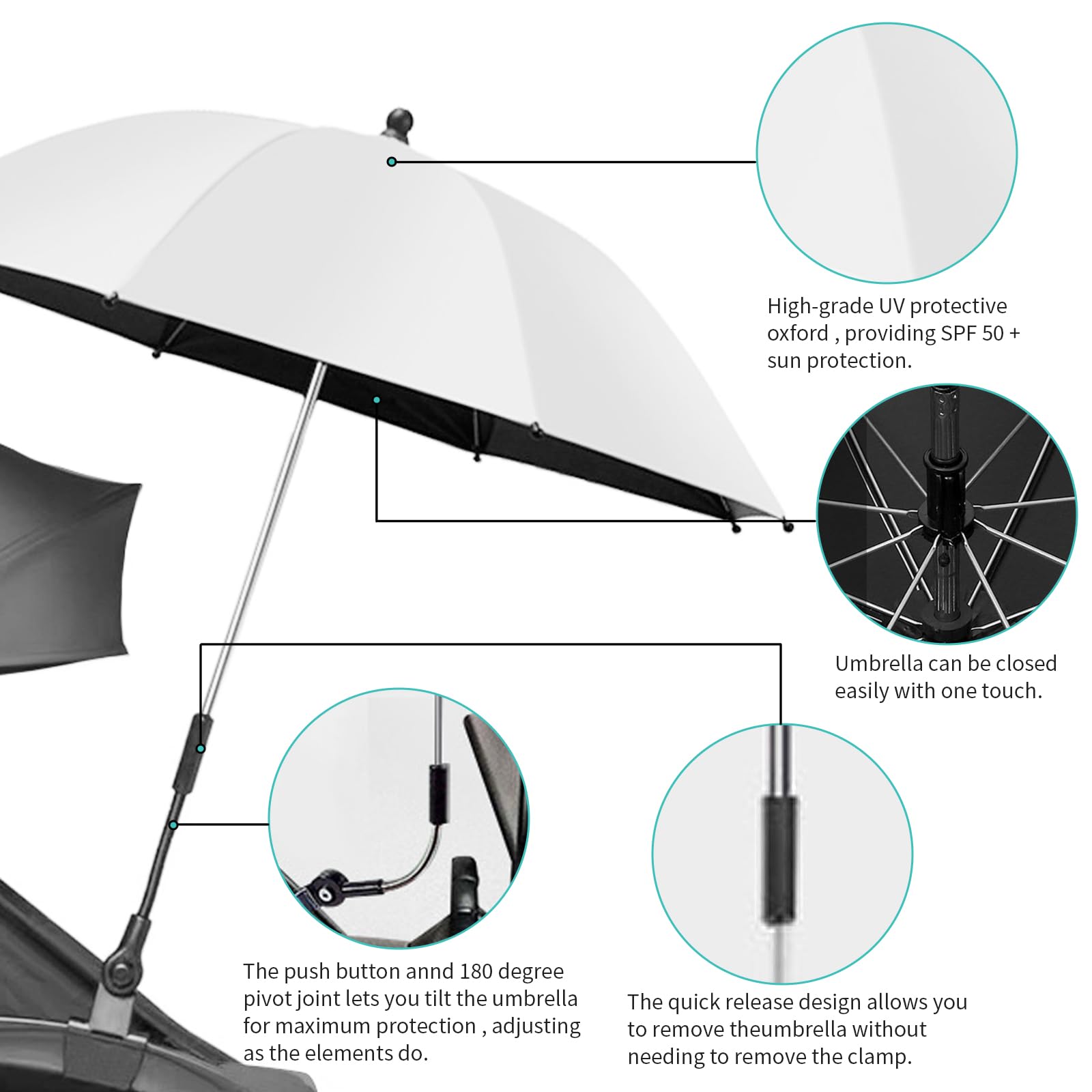 Sombrilla para cochecito y silla de paseo, protección UV 50 + / 75 cm de diámetro, protección solar universal, paraguas con abrazadera de metal, soporte para tubos redondos y ovalados, paraguas