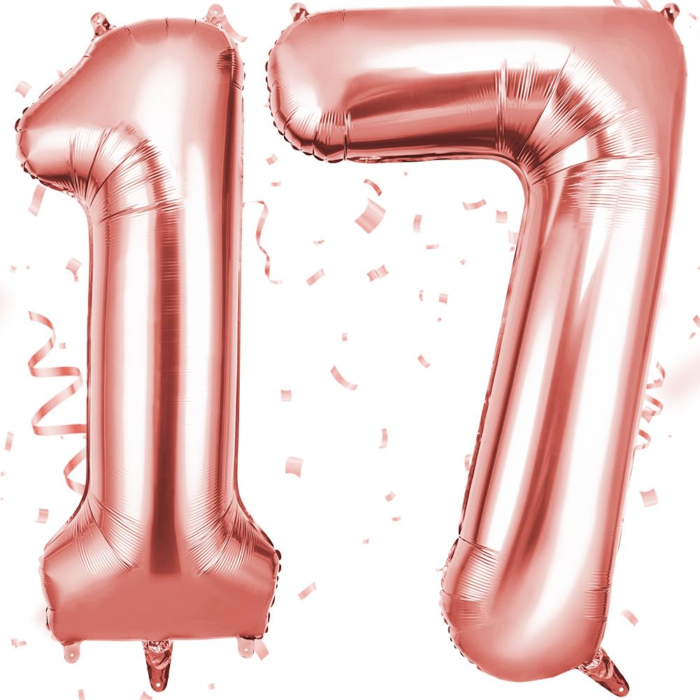 OFFCUP Zahlen Luftballon 17 Geburtstag Roségold, Folienballon Zahl 17, 40 Zoll Helium Ballons Riesen 101cm Geburtstag Mädchen Junge PartyDeko Ballon Zahl Deko zum Jubiläum Neujahr Hochzeit