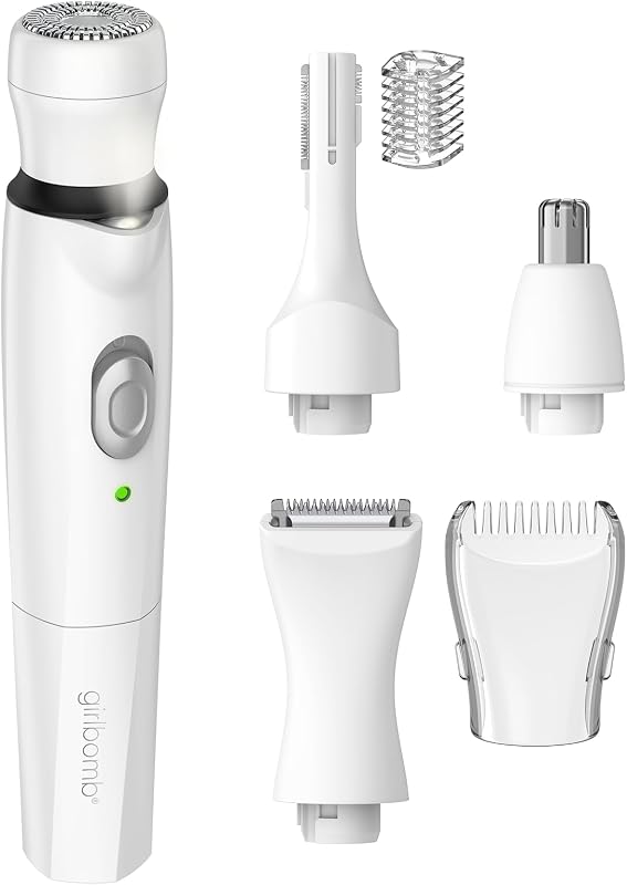Girlbomb Face/Body Trimmer for Women, Wet/Dry Use, 4 Attachments | Electric shaver for women for face, nose, brows, and body grooming, compact and rechargeable for cordless convenience