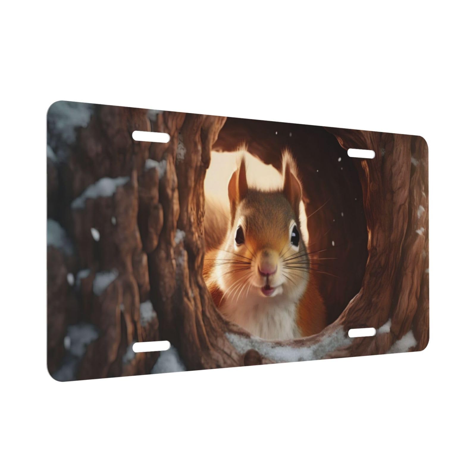 Funny Squirrel with Tree Hole License Plate, Decorative Car Front License Plate, Aluminum Novelty License Plates Vanity Tag Metal Car Plate for Women Men 6 X 12 Inch