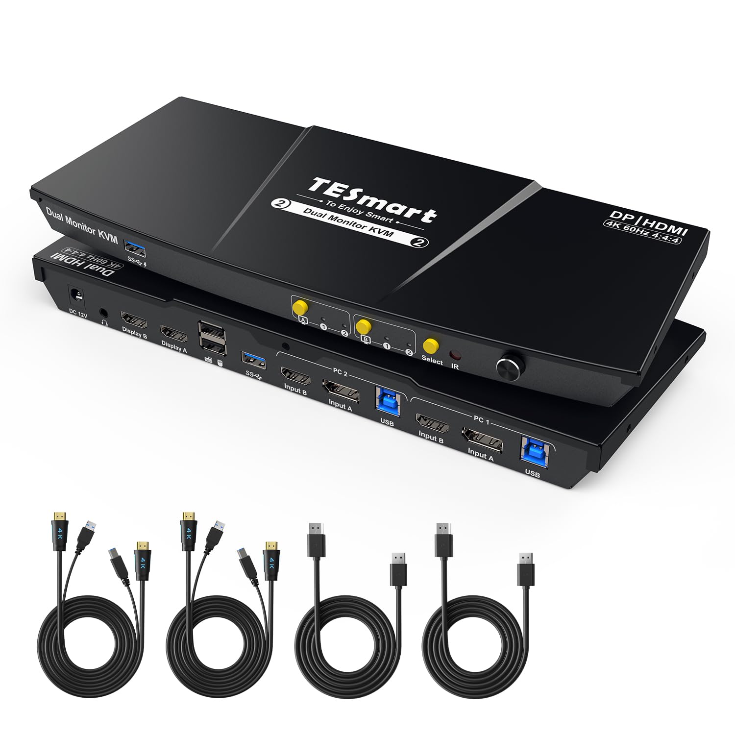 TESmart Conmutador KVM USB3.0 DisplayPort HDMI 2 Monitores 2 PC KVM | Dual Monitor Switch 4K60Hz EDID Audio USB Hub para Impresora Escáner Control Botón Hotkey Mando a Distancia con 4 Cables