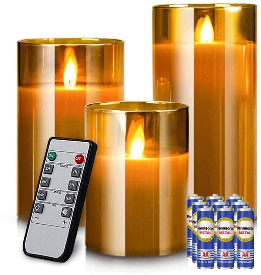 PESOMA Flameless LED Battery Powered Candles Glass Cup | Pillar Candles with Flickering Paraffin Wick | Amber Tinted Glass Set of 3 with Remote Controller-Portable High Power 3 Pieces (B0D8G37Y7N) Amazon Price History, Amazon Price Tracker