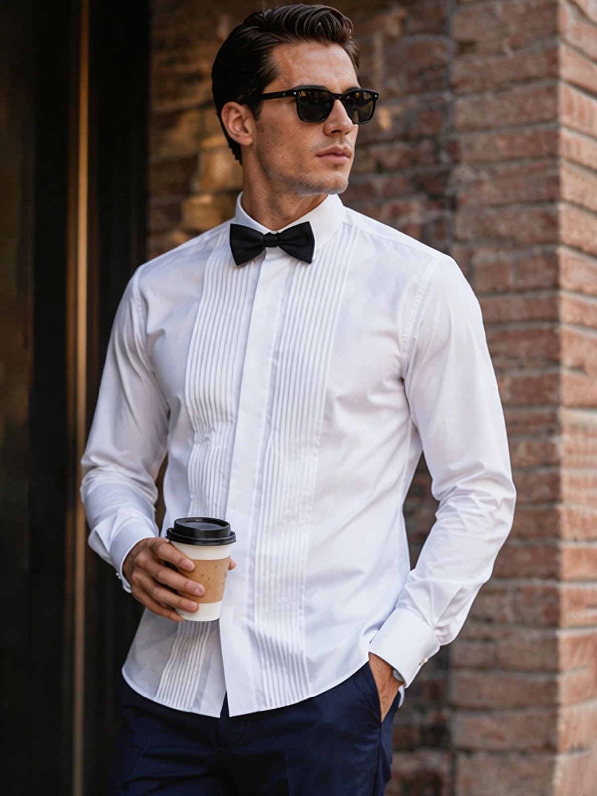 Herren-Smokinghemd, Flügelkragen, Frontfalte, französische Manschetten mit 2 Fliegen, Button-Down-Shirt