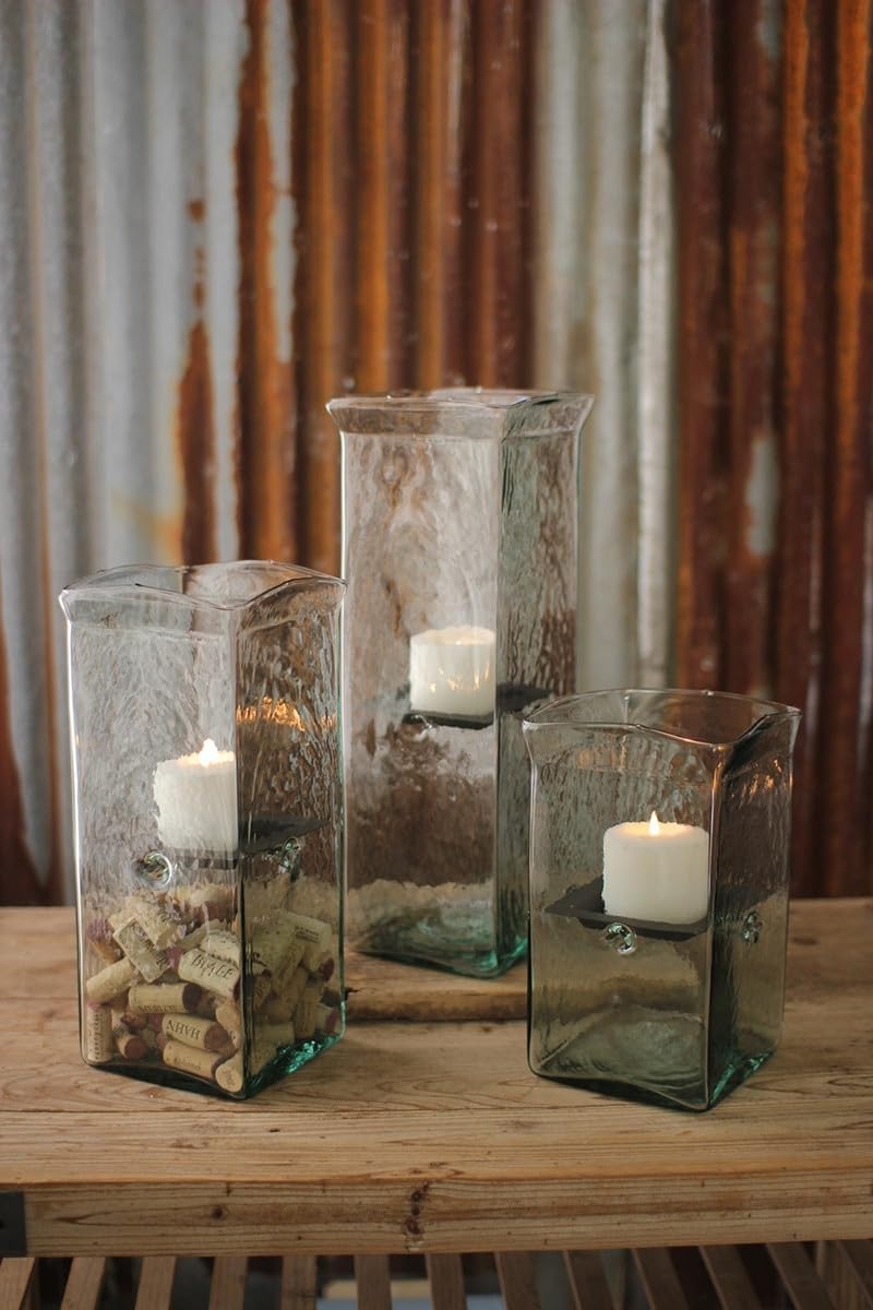 First of a Kind Large Glass Candle Holder - Recycled Square Hurricane Candle Holder with Rustic Metal Insert - Mouthblown in Colombia, Handwash Recommended