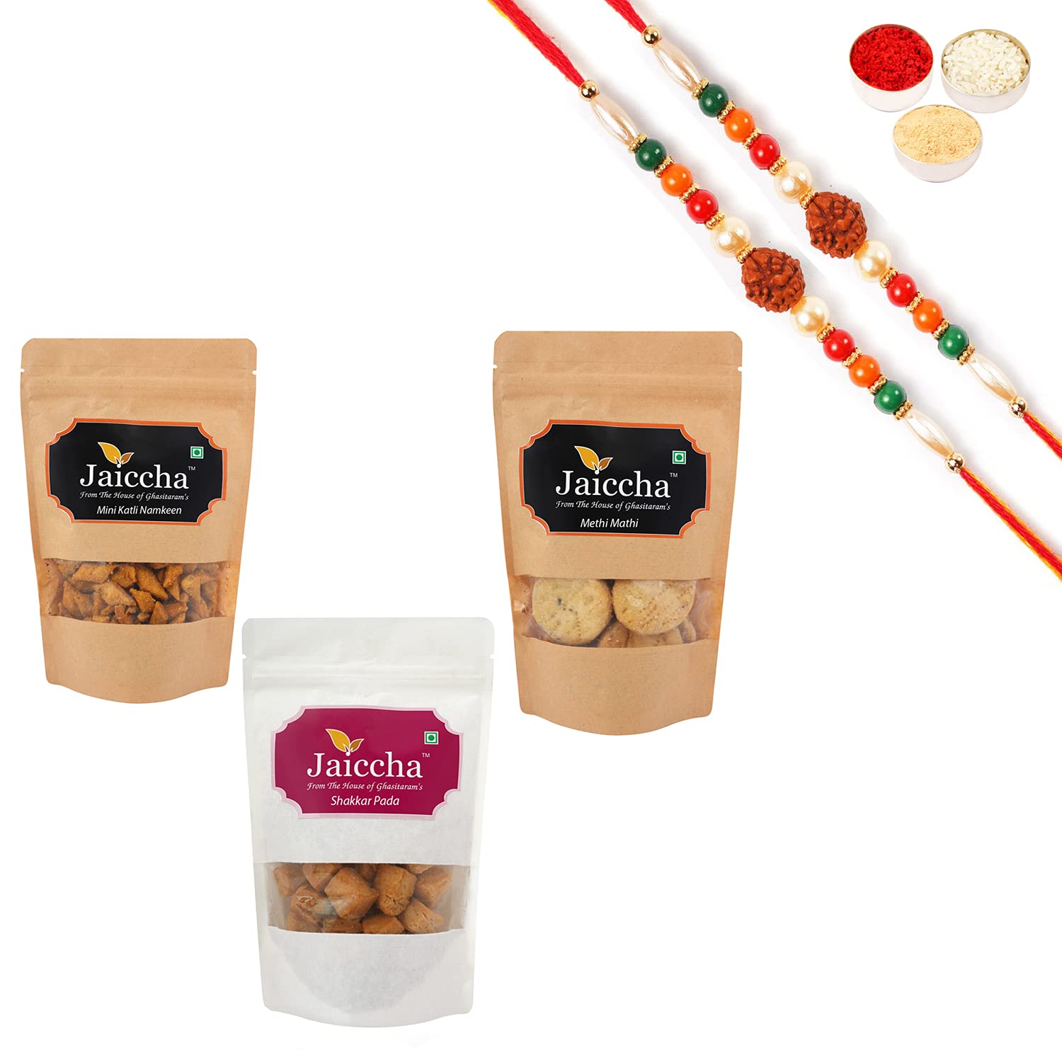 Jaiccha Ghasitaram Diwali Gifts - Pack of 3 Methi Mathi, Shakkar Pada and Mini Katli Namkeen with 2 T-Lites-image-6