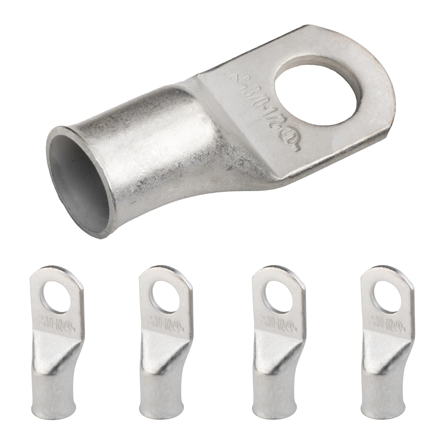 SELTERM 3/0 AWG - 1/2" (M12) ⌀ Hole UL Marine Grade Wire Lugs, Battery Cable Ends, Tinned Copper Eyelets, Tubular Ring Terminal Connectors [B90] - 5 Pack — image 1
