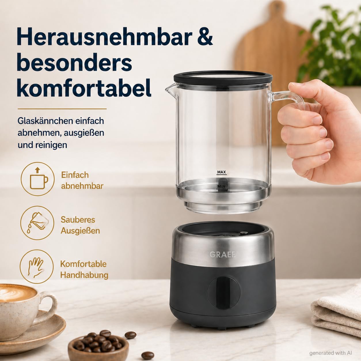 GRAEF MS802EU - Espumador de leche eléctrico, hasta 500 ml de espuma de leche en calidad barista, jarra de cristal extraíble, 5 programas, apagado automático, pantalla táctil, color negro
