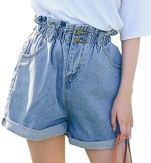 [Bidason] デニム ショート パンツ レディース ジーンズ パンツ 折裾 ロールアップ 蕾ライン ゆったり ハイウエスト ウエストゴム 短パン ショーパン 着痩 可愛い ボトムス カジュアル 通勤