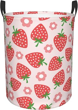 Strawberry with Flower Laundry Basket with Handle Waterproof Collapsible Cloth Hamper Round Storage Basket for Bathroom Bedroom College Dorm