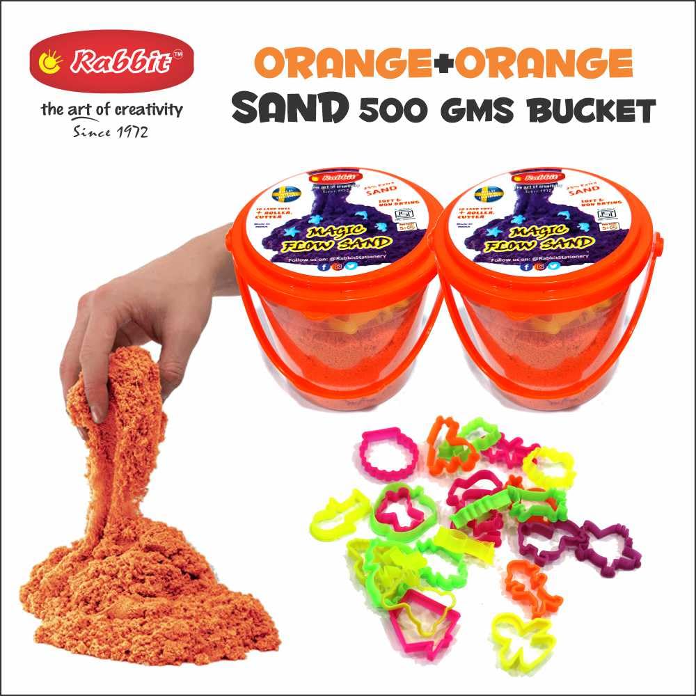 Rabbit Magic Sand 2 Buckets 1kg Creative Sand for Kids with 20 Beach Toys Moulds with Roller and Cutter, Magic Wonderful Sand with Vibrant Color, Non Toxic, Play Sand, Age 5+ (Orange-Orange)
