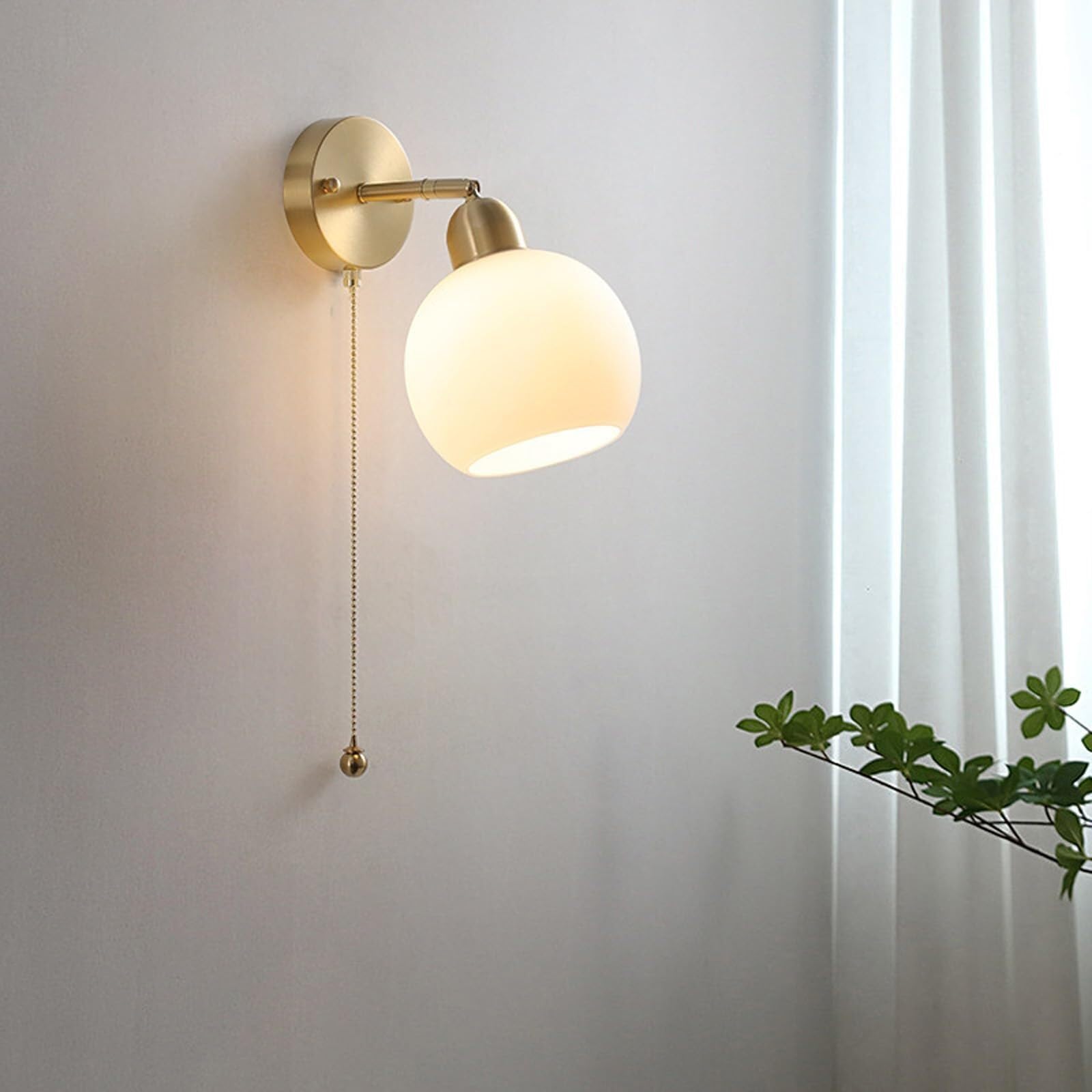 SMCCYYSD LED Interior Wall Light with Pull Cord Switch Lamp Vintage Brass Decoration Sconce White Glass Lampshade Lighting Modern E27 for Hallway Study Room(B)