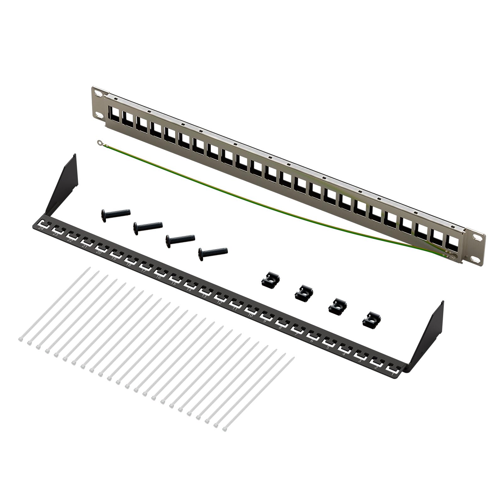 FGB 1U Patchpanel 24 Port für Keystone Module, patchpanel 19 Zoll, Rackeinbau oder Wandmontage Patchfeld mit Rückleiste, Kompatibel CAT5 CAT6 CAT7 CAT8 Netzwerk Verlegekabel