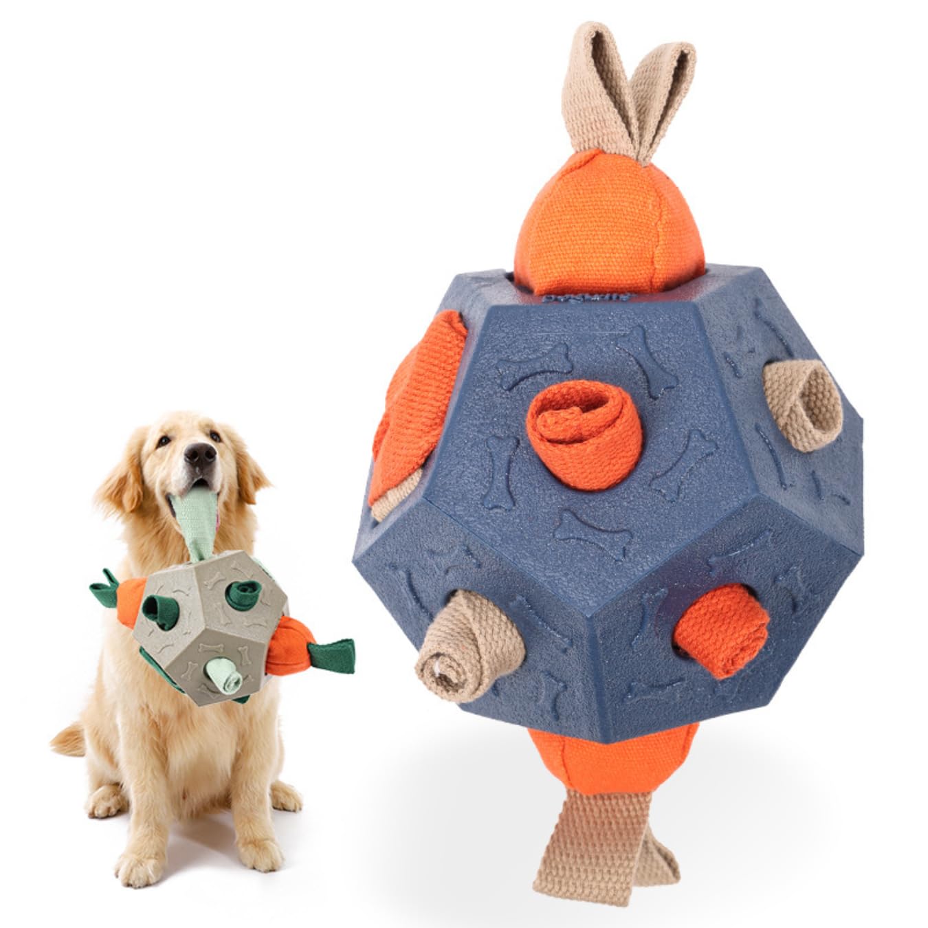 Multiverse Pets Tough Dog Snuffle Ball Puzzle Toy – Heavy Duty TPR Indestructible Foraging Enrichment Toy for Large, Medium & Small Dogs, Durable Interactive Treat Dispenser with Squeaky Carrots -Blue