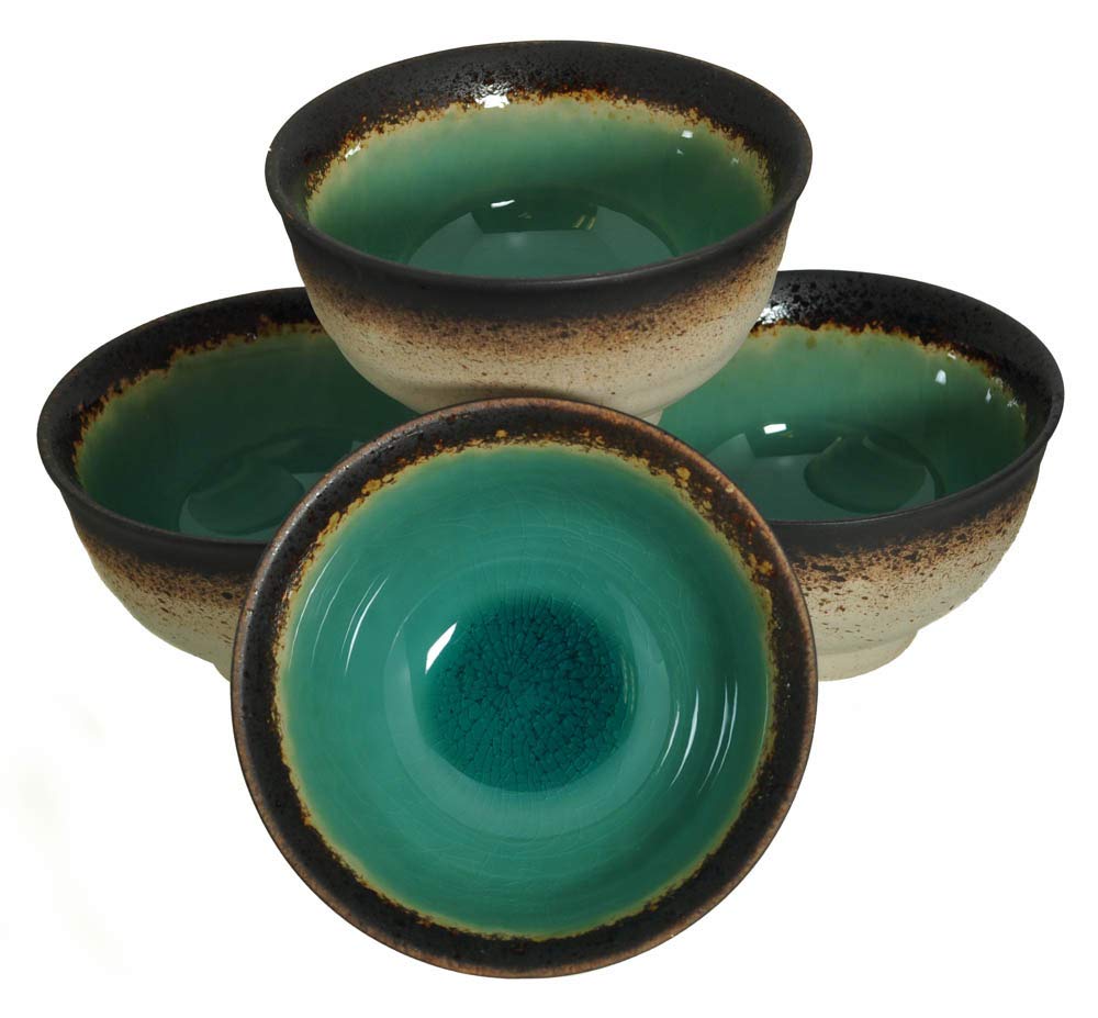 M.V. Trading Japanese Turquoise Green Kosui Ceramic Flare Rice Soup Bowl, 4.75 Inches (D) x 2 .48 Inches (H), 8 Ounces, Set as 4 Bowls