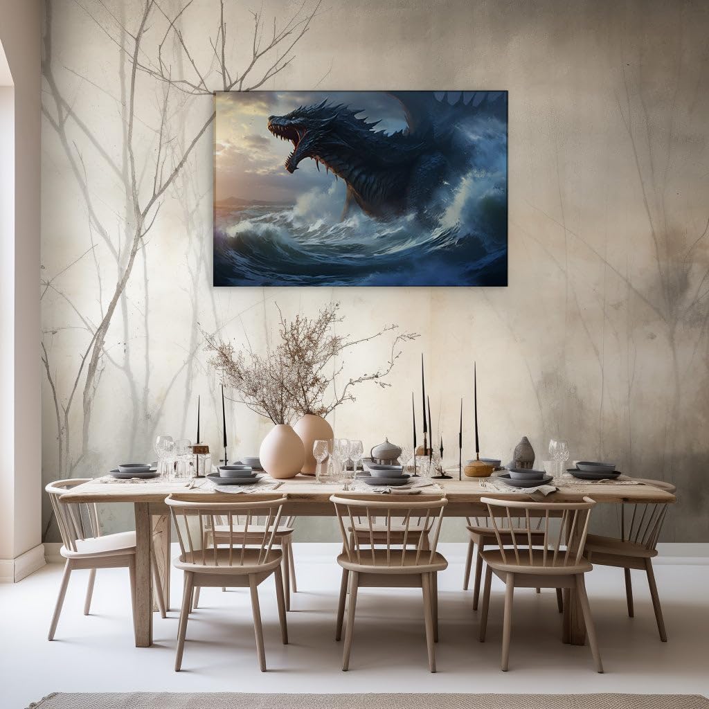 Canvas for Living room. Unleashing the Fury of the Sea - The Majestic Black Dragon Amidst Roaring Tides, 27 x 18 inch Canvas Wall Art - Ready to Hang