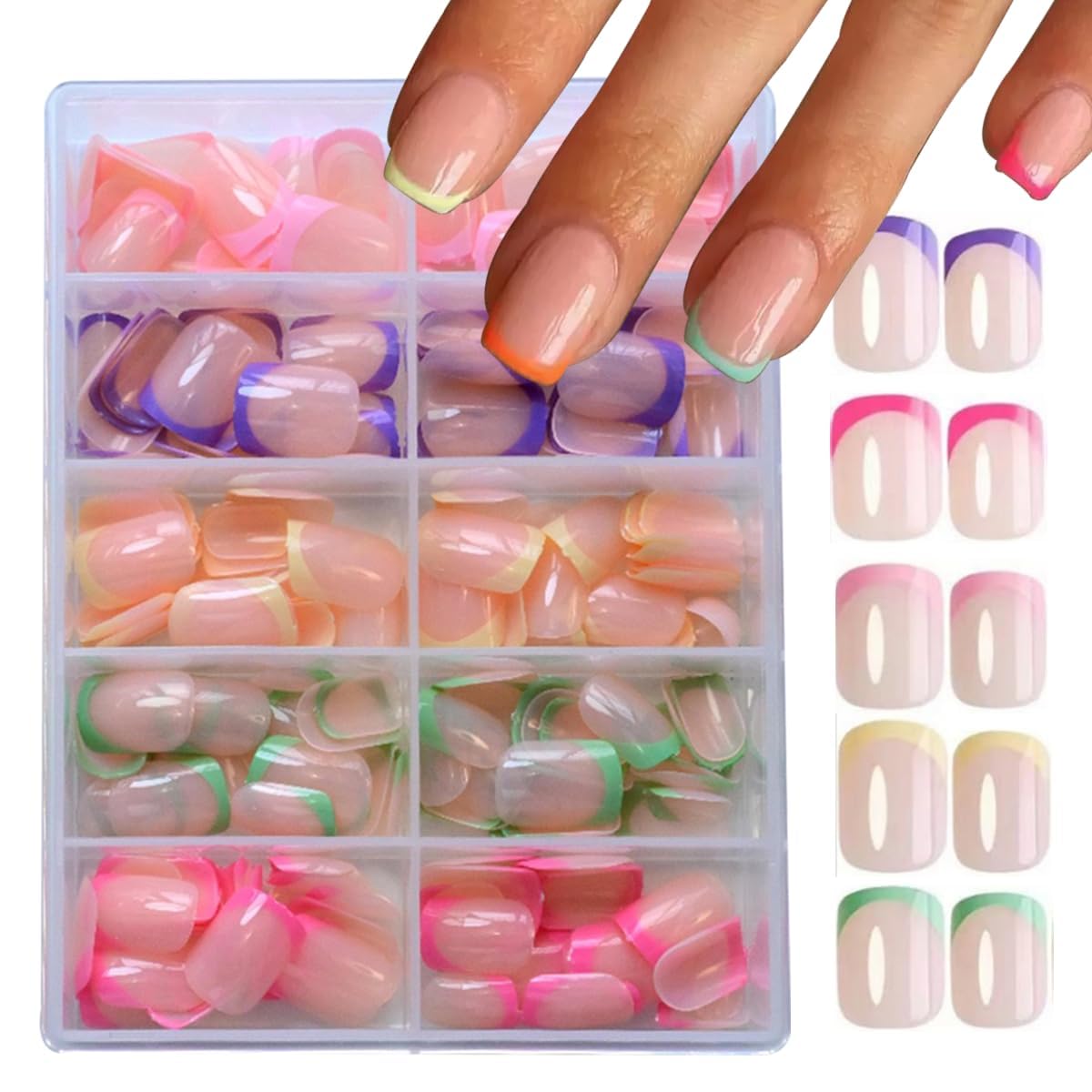 Nails Tips Set, Set of 240 French Nails Fake Tips, Short False Nail in Gel, Square Press On Nail, 5 Colori, Natural Artificial, per Onicotecnici, Principianti e DIY Nail Art Decorations