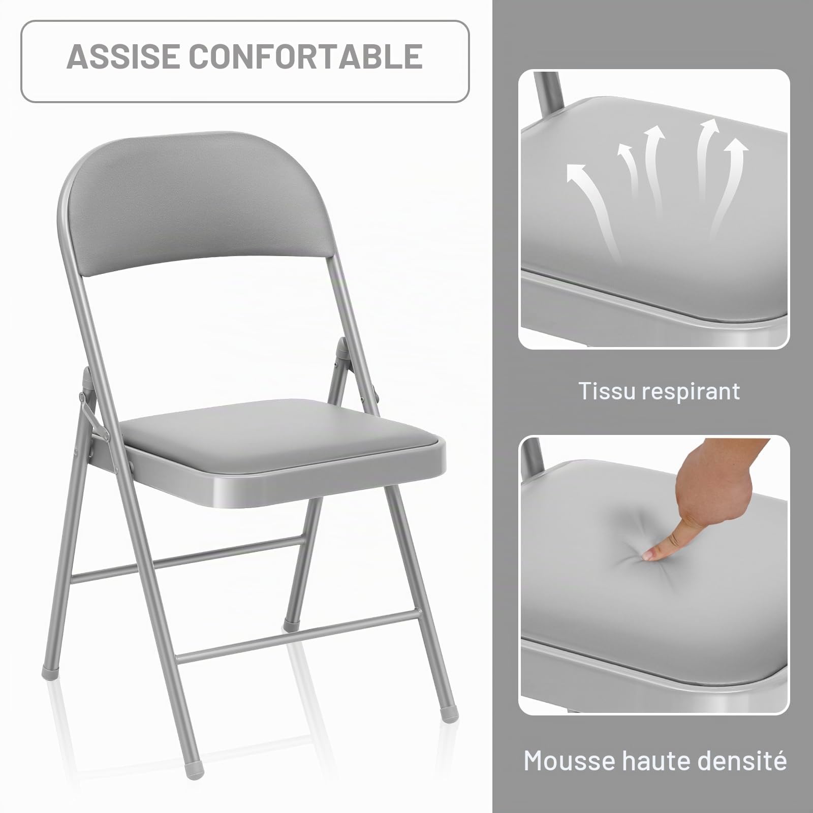 Lot de 4 chaises de Jardin Pliantes exterieures - Charge maximale : 150 kg - Chaise Pliable pour Jardin, Bureau, Chambre,Cuisine, Camping, Salle à Manger, Balcon - Gris Chaise Pliable