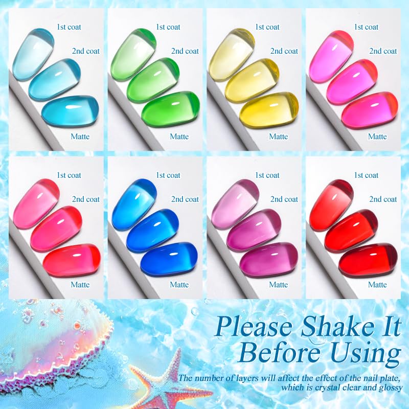 MEET ACROSS 8PCS Jelly Crystal Gel Nail Polish Set, Jelly Gel Polish Kit, Glaze Glass Transparent Nail Polish Sheer Pink Green Blue Nail Gel Polish, Soak Off UV Nail Gel for Home Manicure Nail Salon