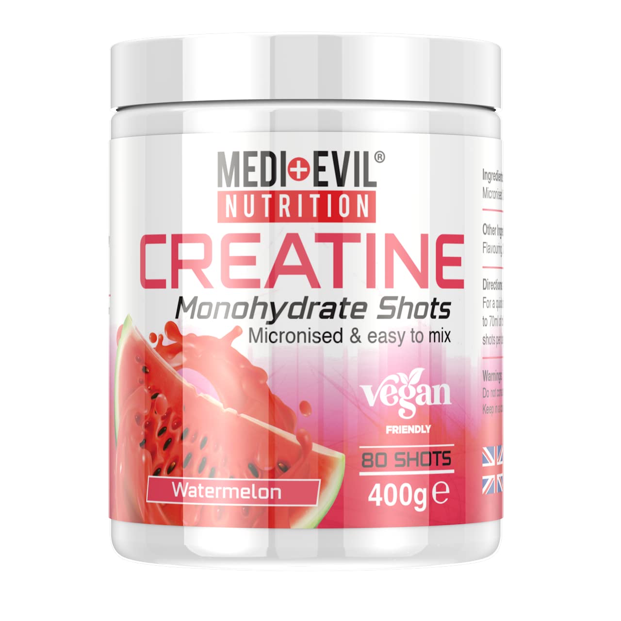 Medi-EvilNutrition Creatine Monohydrate Shots Powder Vegan Friendly, Watermelon Flavour, 400g, 80 Servings, Micronised for Easy Mixing (Pack of 1 Tub)
