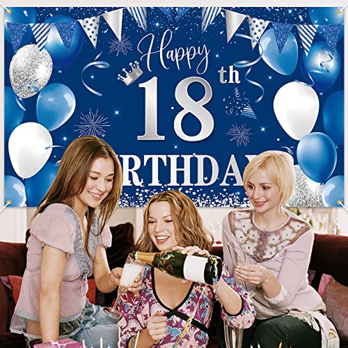Image of 18th Birthday Banner Backdrop,BTZO Happy 18th Birthday Decorations,Blue Silver Large Fabric Photo Backdrop Background for Boys Girls 18th Birthday Party,70.8 x 43.3Inch