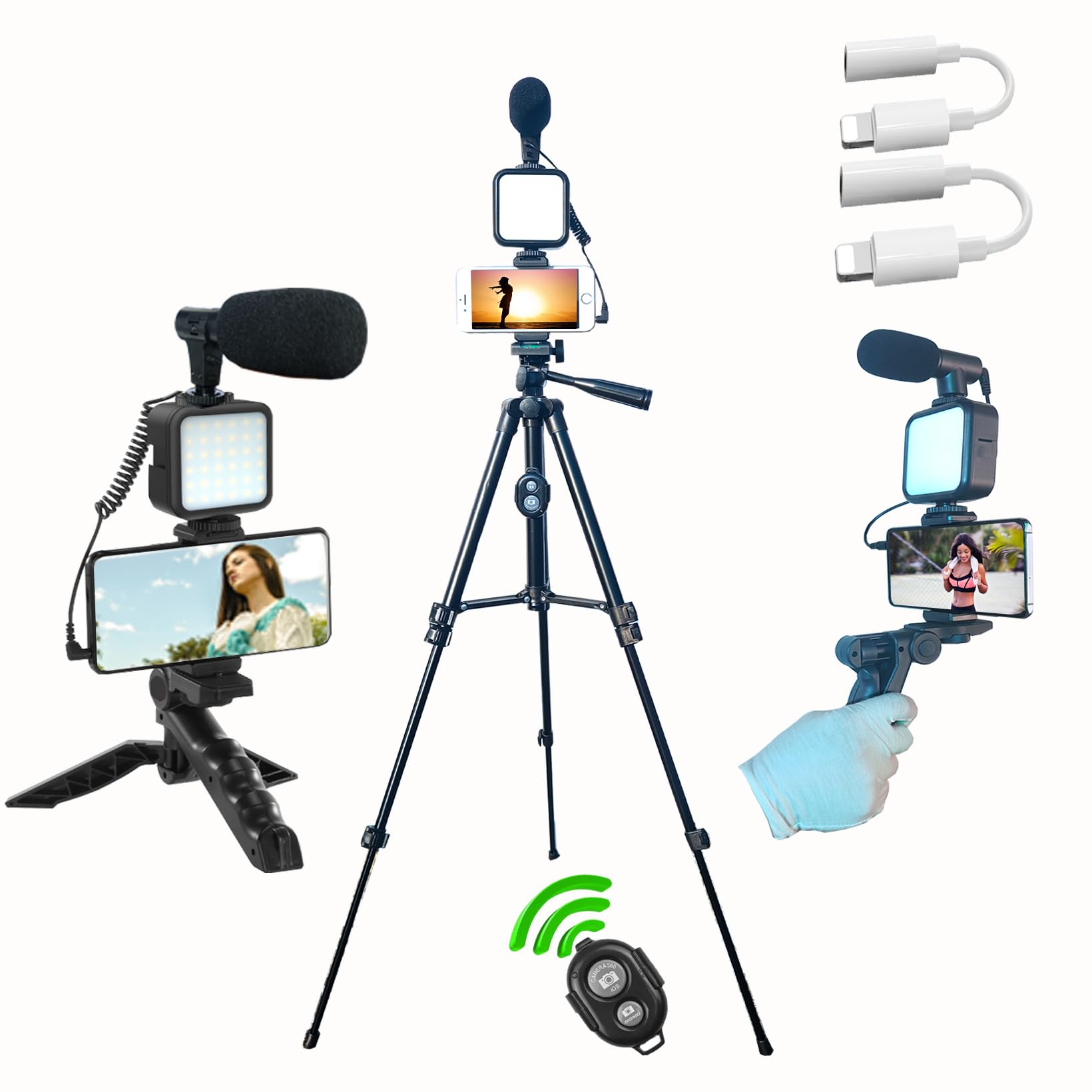 Carrotech Vlogging Kit for iPhone, Vlogging kit for Android Phone,YouTube Starter Kit with Two Tripods Light Microphone Remote and Jack Adapter