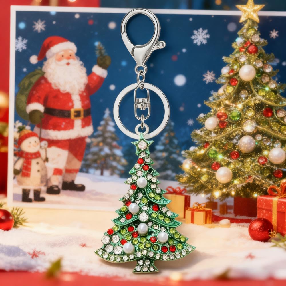 Dreuyet Christmas Keychain Rhinestone Crystal Christmas Tree Santa Purse Bag Handbags Charms for Women Lady Friends - Image 2