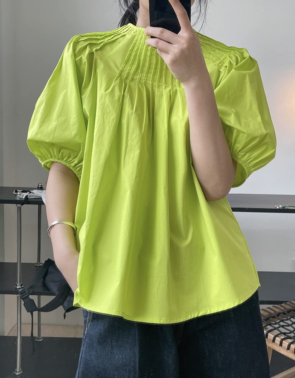 Oberteile Damen,Damen-Leinenbluse, Übergroß, Für Den Sommer, Plissiert, Puffärmel, Kurzärmelig, Rundhals-Oberteile, Elegante Bluse, T-Shirt-Jacke, Lockere Bluse, Tunika, Sweatshirt-Oberteile Für Dam