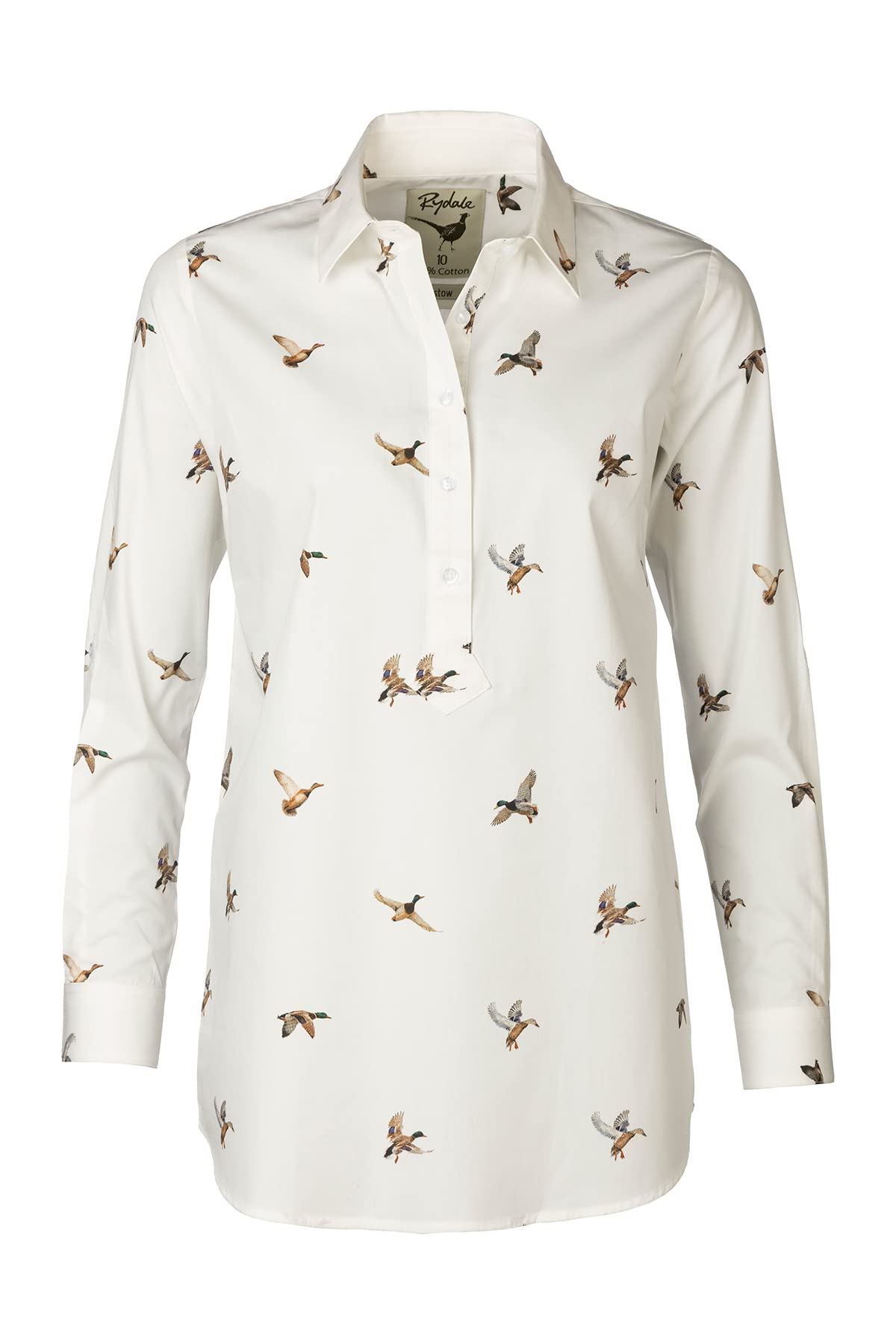 Rydale Ladies Printed Overhead Shirt Women’s Button Shirts Blouse Animal Print White Tops Tunic (as8, Numeric, Numeric_8, Regular, Regular, Flying Ducks White)
