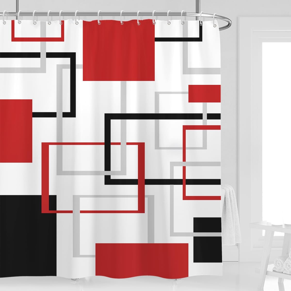 Extra Wide Shower Curtain 108''W x 72''L Clawfoot Tub Wrap Around Red Black Abstract White Grey Gray Checkered Geometric Bathroom Curtains Accessories Polyester Fabric Waterproof 18 Pack Hooks