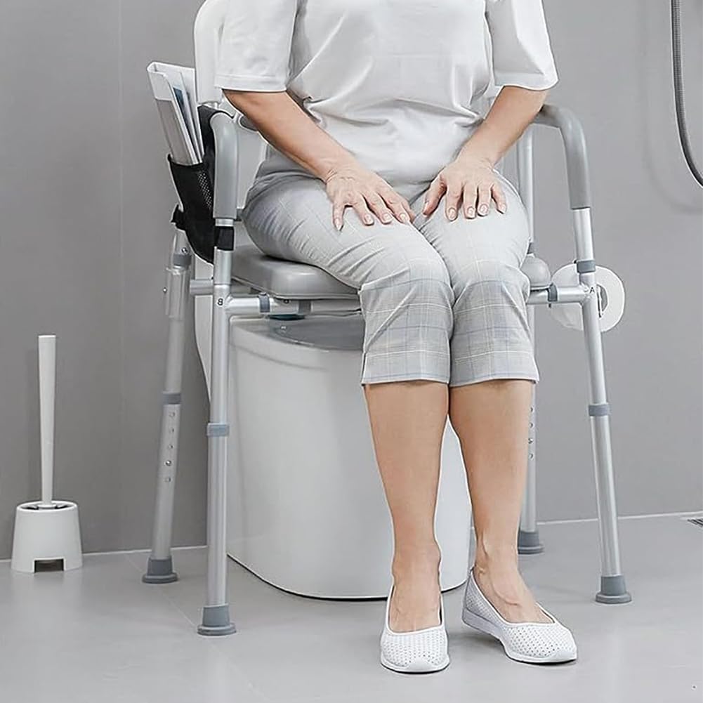 Commode Krzesło nocne dla seniorów z wyściełanym siedziskiem i podłokietnikami, 5-stopniowa regulacja wysokości, podwyższenie deski sedesowej do przenoszenia 136 kg