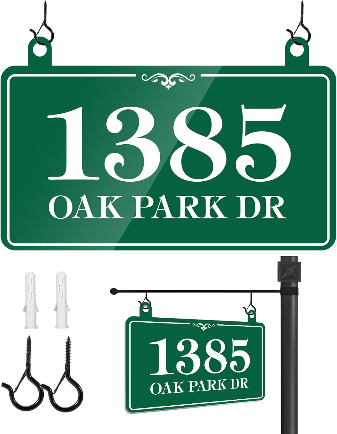 Hanging Address Sign Plaque - Mailbox House Number Plaque Sign,House Numbers for Outside,Outdoor Lamp Post,Light Post,Mailbox,Yard,Double Sided Metal 10 x 6 inch