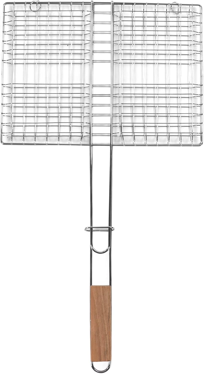 BBQ Grill Basket with Handle, Outdoor Grill Grill Basket, Portable Steel Grilling Rack for Fish, Meat, Vegetables, Shrimp