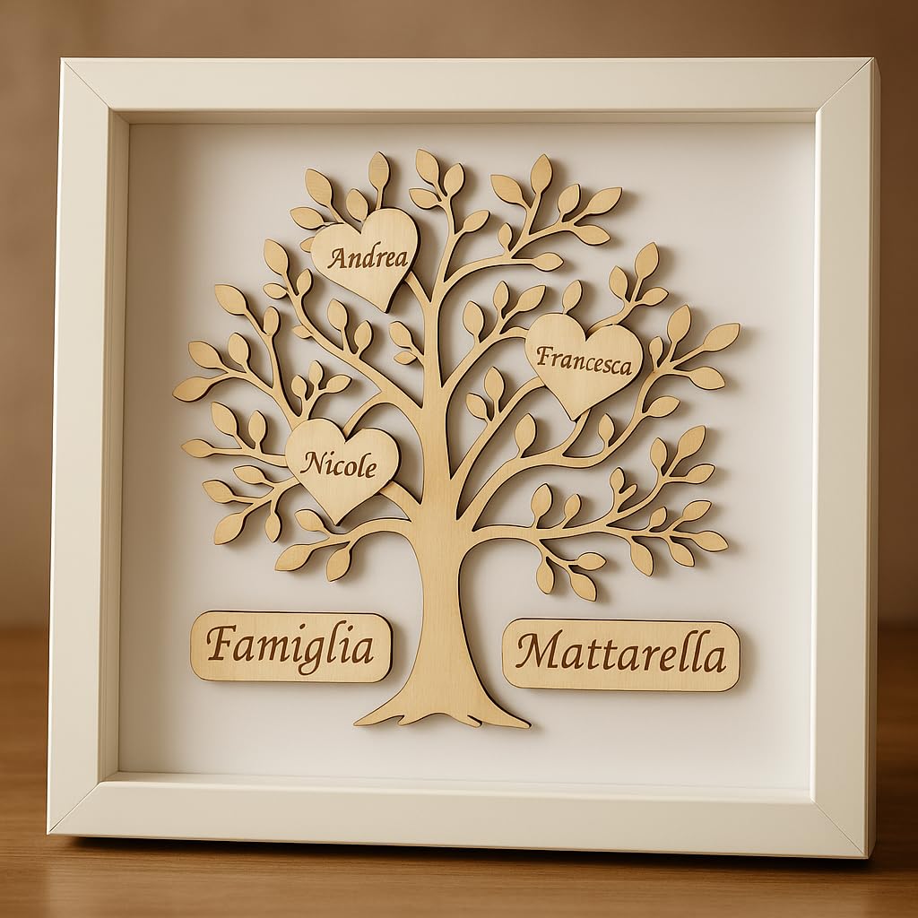 Stileitaliano Quadro Personalizzato Albero della Vita in Legno con Cornice, Regalo Famiglia con Nomi Incisi, Decorazione da Parete o Tavolo, Bianco