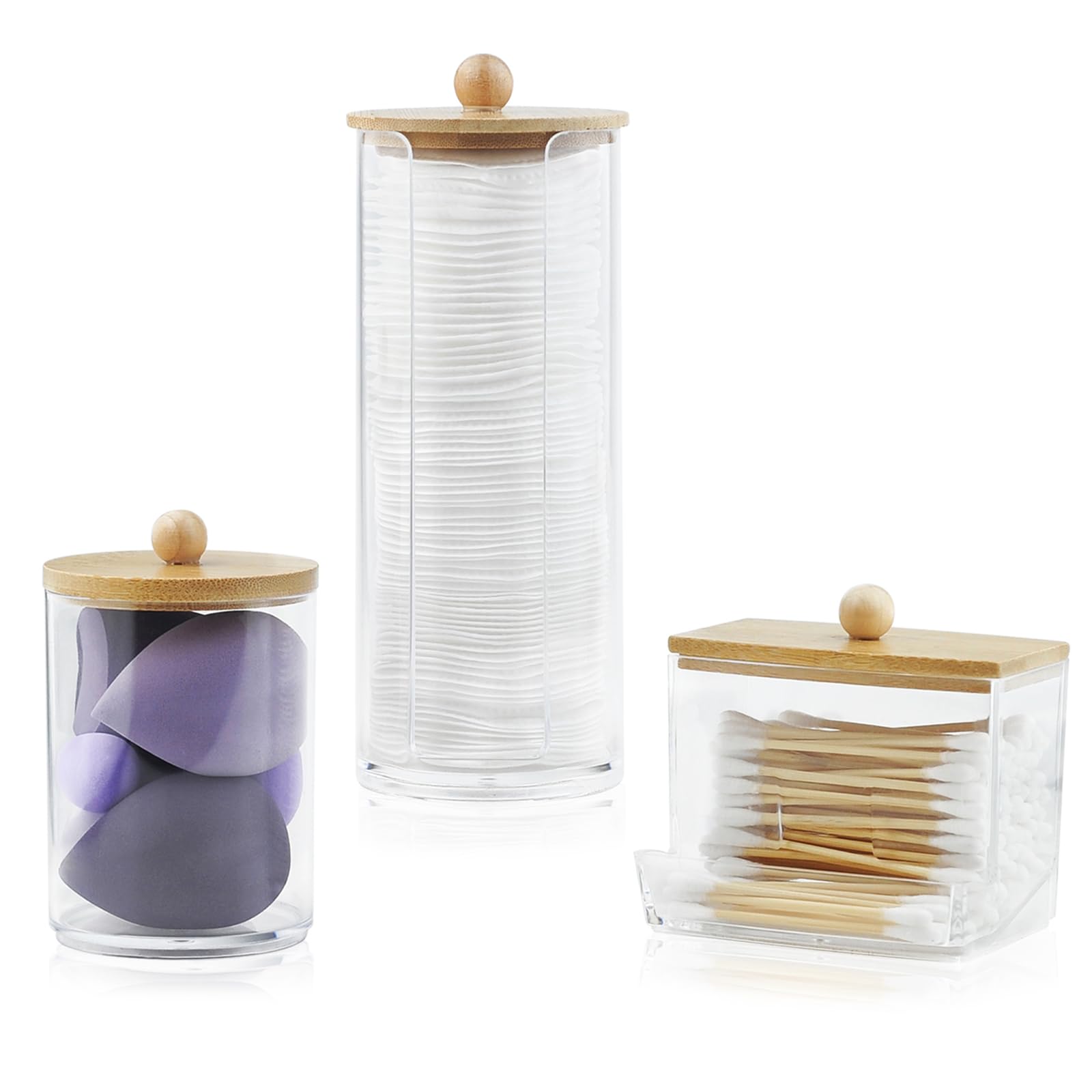 JINTANG 3 Piezas Dispensador Discos Desmaquillantes, Organizador baño, Dispensador de Algodón, Dispensador cosmeticos bambu,Resistente al polvo y la humedad, apto para salón, dormitorio, baño