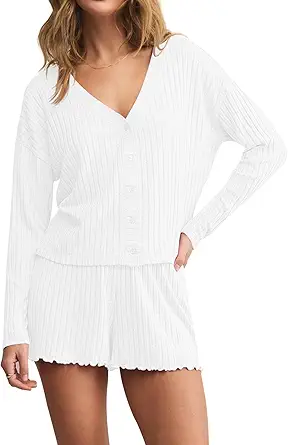Dressmine Womens Long Sleeve Pajama Sets Button Up Pajamas Sleeping Shorts 2 Piece Lounge Set Knit Sexy Sleepwear