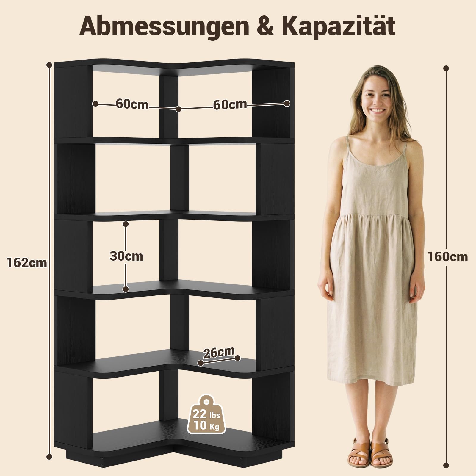 iSunirm Eckregal mit 5 Ebenen, L-Form Bücherregal für Ecken, Modernes Standregal Aktenregal für Wohnzimmer, Schlafzimmer & Büro, Holzregal Platzsparend, 60x60x162 cm, Schwarz