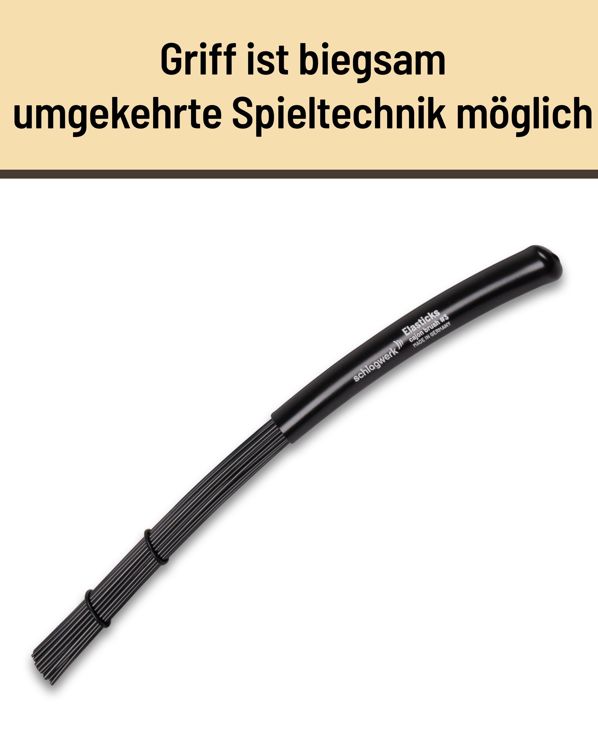 Schlagwerk BRC03 Cajon Brush #3 - Elasticks - 2 Stück - Percussion Brushes mit elastischem, biegsamem Griff, Länge 34, ausbalenciert. Made in Germany