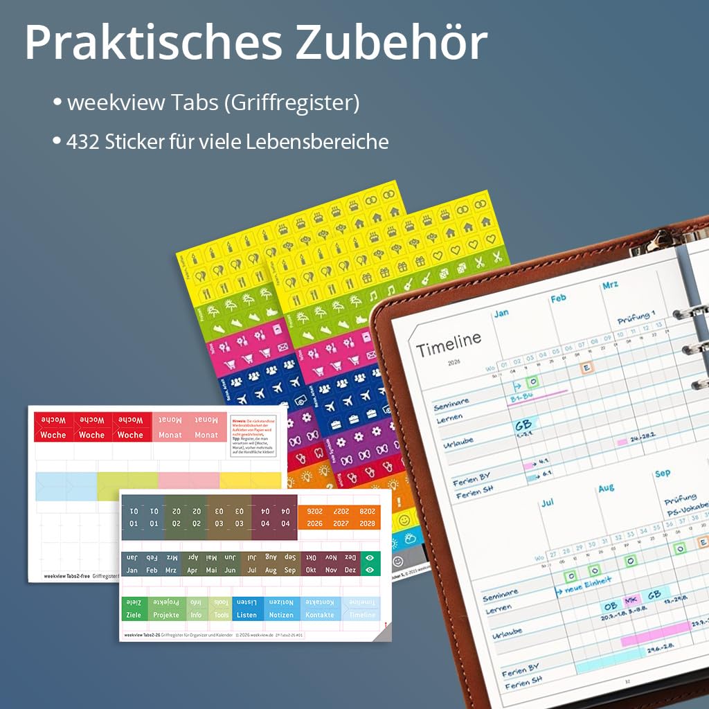 weekview Business Einlagen 2027, A5 – Wochenplaner, 1 Woche auf 2 Seiten, inkl. 64 Seiten Planungstools, Notizteil, Griffregister und Sticker – Filofax-A5-Lochung, 90g Papier, Made in Germany