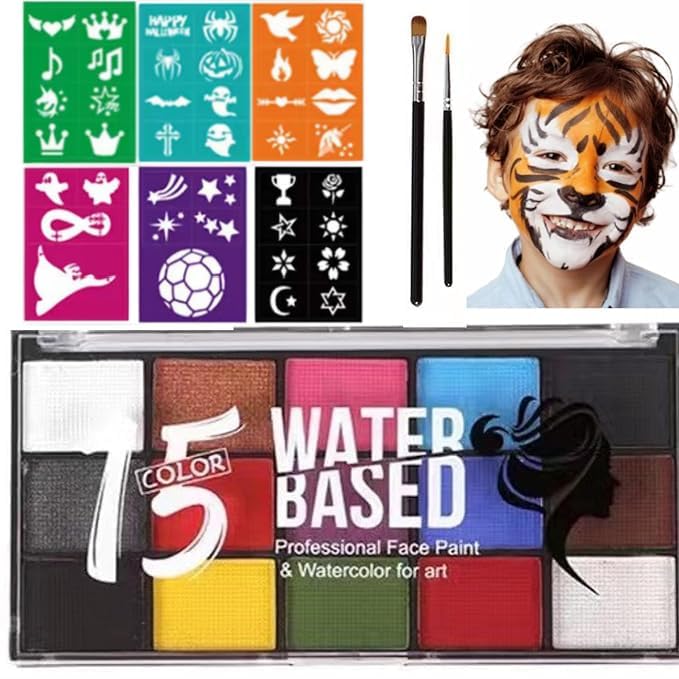 Face Painting Kit for Kids - 15 Color Large Water Based Makeup Paints with Stencils, 2 Brushes, Halloween Makeup Kit, Safe Professional Body & Face paint Kit