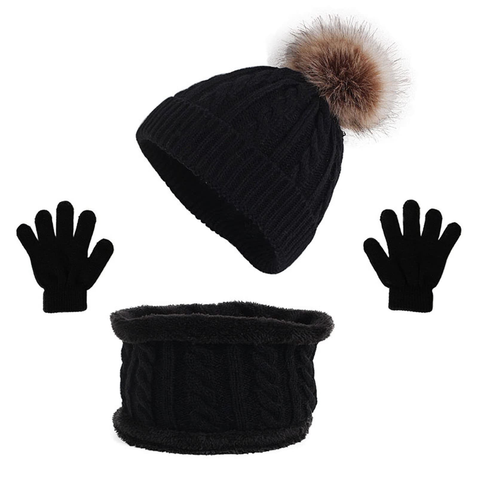 DOPI Kids Winter Hat Scarf Gloves Set, Plush Warm for Outdoor Travel Walk Snow Prevent Cold for Girls Boys 2-8 Years 3 Pcs (Black)