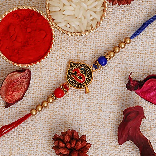 Image of eCraftIndia Red & Blue Om Symbol On A Leaf Designer Rakhi, Best Bro Ever Fridge Magnet with Roli Chawal Pack - Rakhi for Brother, Bhaiya, Bhai