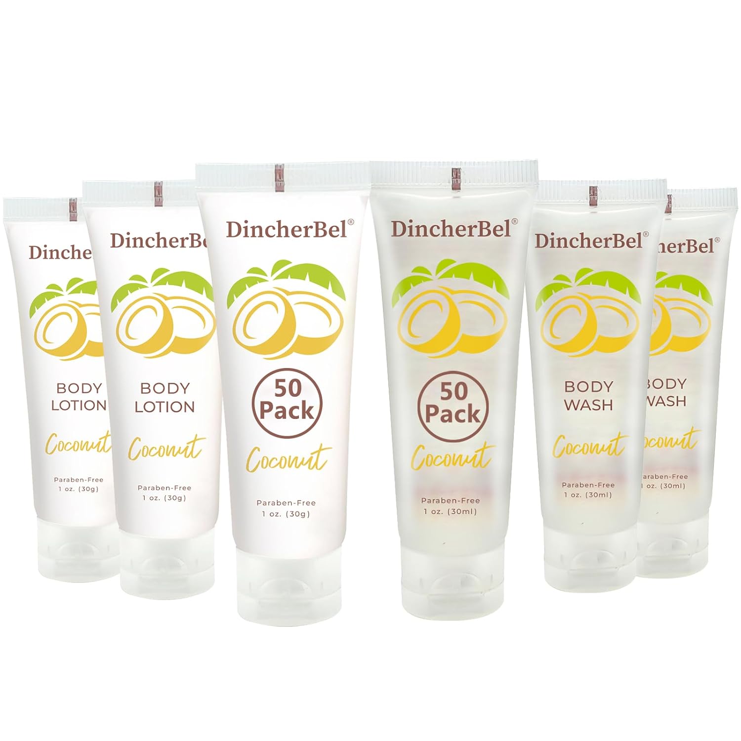 DincherBel Travel Size Body Wash and Body Lotion - Bulk Hotel Toiletries Supplies for Guests - Refreshing Tropical Coconut Scent Shower Gel and Body Cream for Men & Women (1 Fl Oz, 100 Pack)