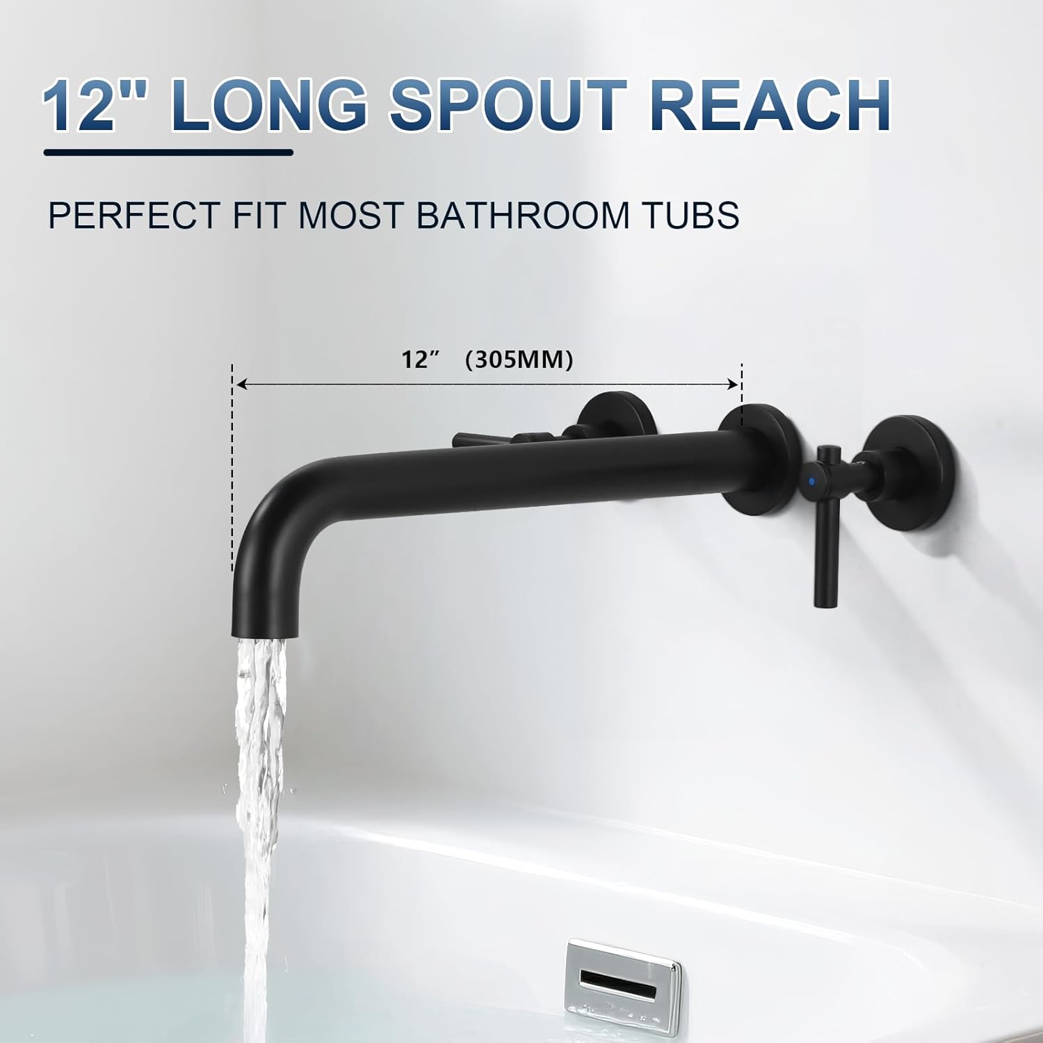 Wall Mount Tub Filler Tub Faucet High Flow Bathtub Faucets Two Handles Solid Brass, 12" Long Spout Reach, Matte Black