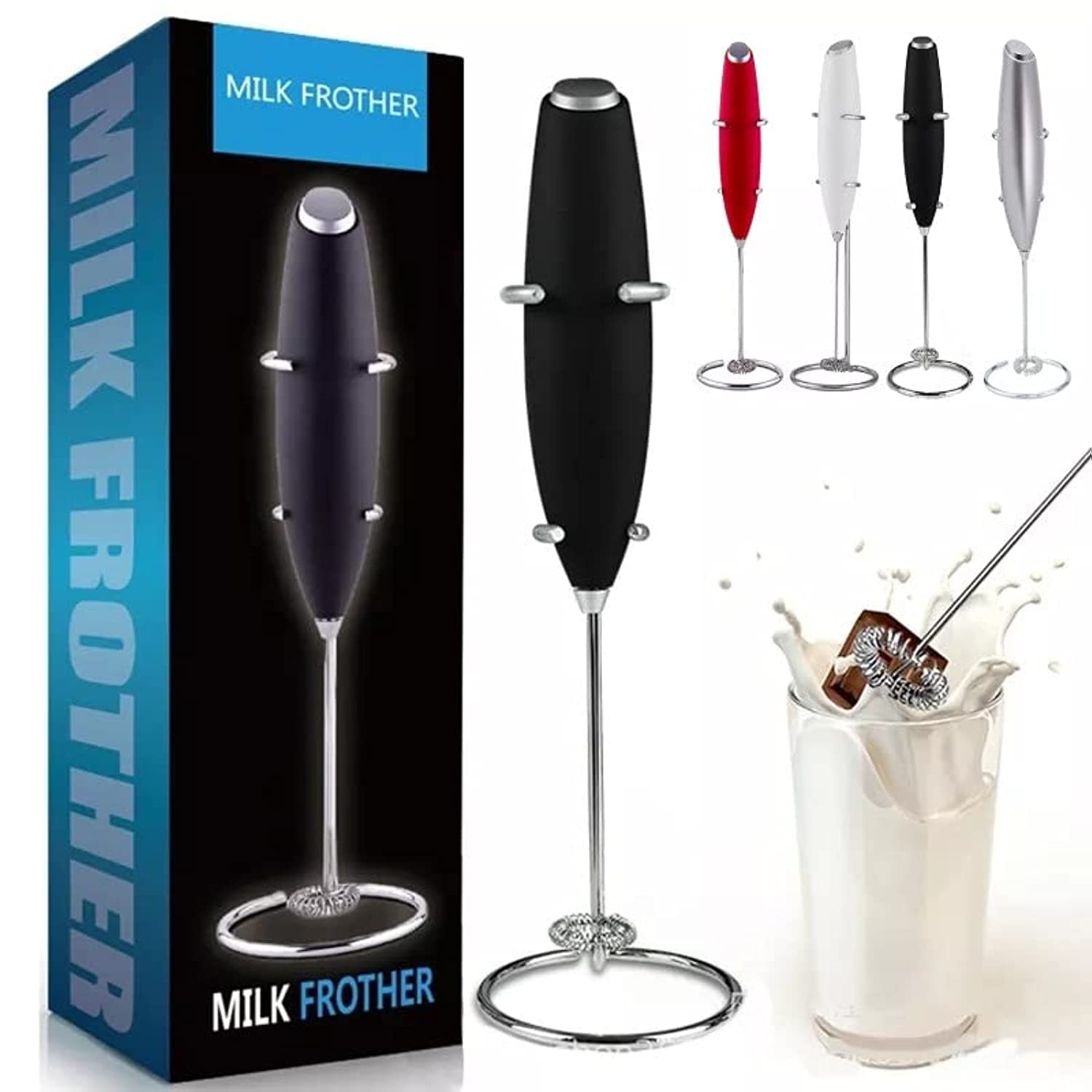 DANEEN Milk Frother/Stirrer with Stand (Battery Operated), Handheld Foam Maker, Portable Mixer for Coffee Mini Foamer for Cappuccino Matcha Frappe, Hot Chocolate (Black)