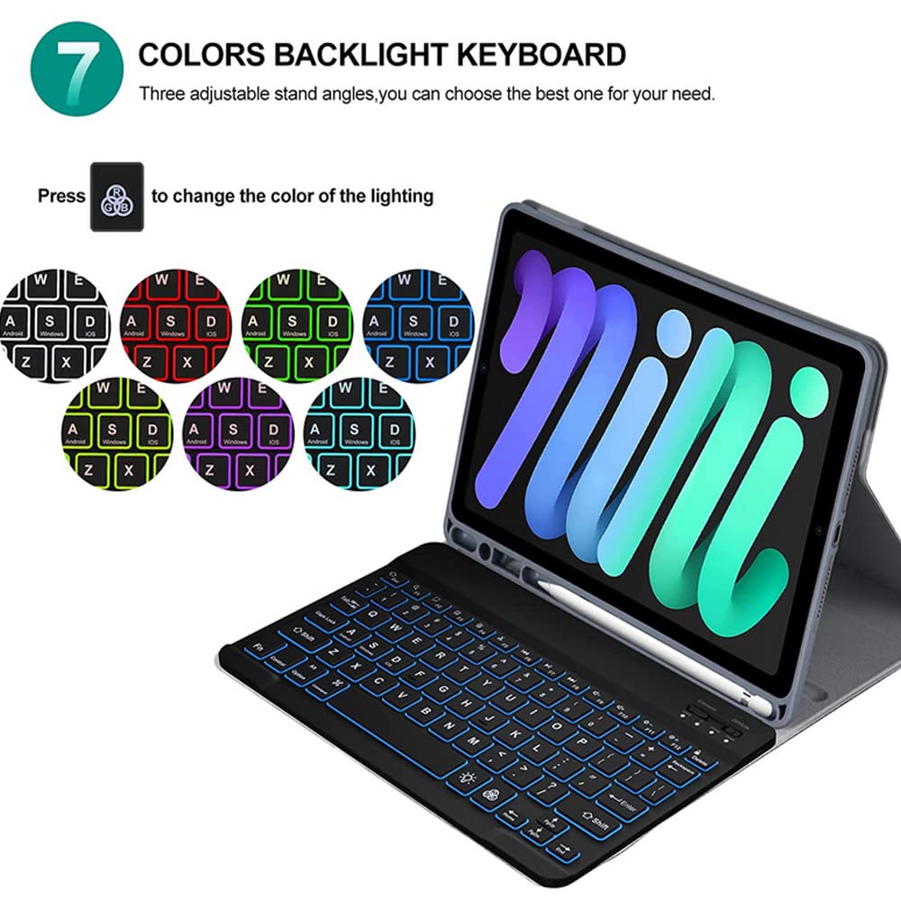 Étui clavier et souris pour iPad Mini 6 2021, coque arrière en TPU souple avec porte-crayon et clavier sans fil détachable 7 couleurs pour iPad Mini 6ème génération 2021, noir